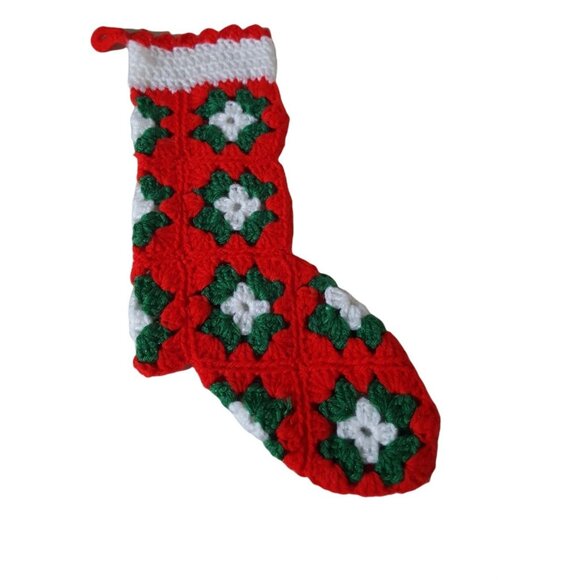 Vintage Granny Square Hand Made Crochet Christmas Stocking Red Green White - Picture 4 of 4